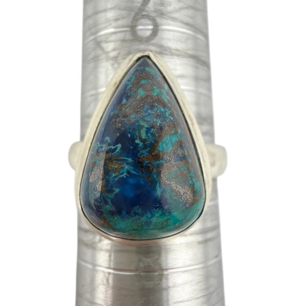 Teardrop Azurite Blue Green 925 Sterling Silver Statement Ring Size 7